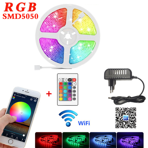 Светодиодная лента 5050SMD с умным Wi-Fi управлением, водонепроницаемая LED полоска с RGB подсветкой, гибкая лампа, 5 м, 10 м, 15 м, 12 В ► Фото 1/6