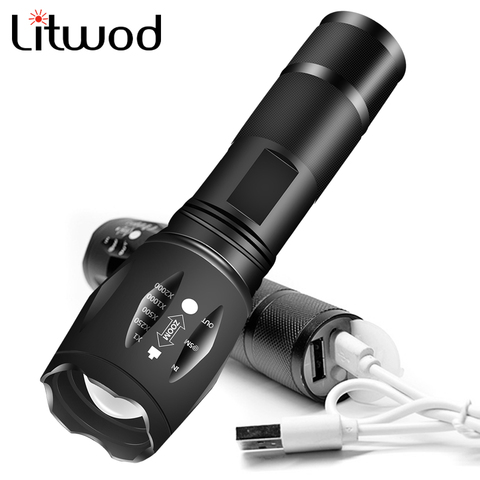 Тактический фонарик Litwod z30 с USB-зарядкой, фонарик CREE XM-L2 T6, светодиодный фонарик с увеличением, внешний аккумулятор с usb 18650, перезаряжаемый фо... ► Фото 1/6