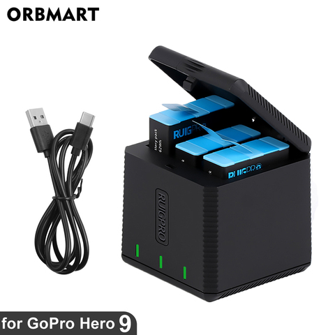 Зарядное устройство ORBMART для GoPro Hero 9 Black, зарядное устройство с 3 слотами, тройной канал, аксессуары для Go Pro Hero 9 Gopro9 Hero9 ► Фото 1/6