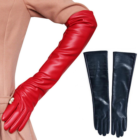 Модные женские длинные перчатки из искусственной кожи, зимние женские теплые перчатки с пальцами, уличные длинные варежки, черные и красные варежки ► Фото 1/6