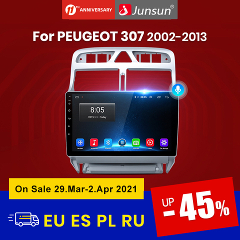 Junsun V1 Android 10 2G + 32G 4G GPS навигации мультимедийный плеер для Peugeot 307 2008 2002-2013 радио авто 2 din радио в машине ► Фото 1/6