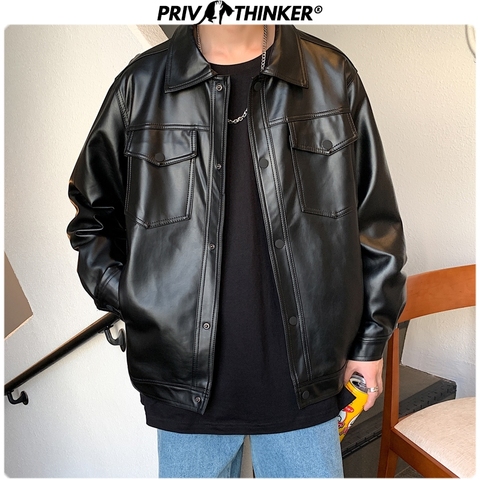 Мужская куртка из мягкой искусственной кожи Privathinker, черная куртка в стиле хип-хоп, уличная одежда большого размера с карманами, на весну, 2022 ► Фото 1/6