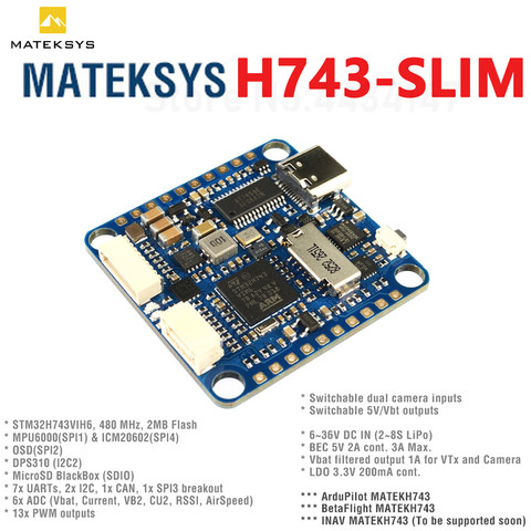 Контроллер полета Matek H743 SLIM MPU6000 BEC ICM20602, 30,5x30,5 мм, Baro Blackbox 2-8S F7 для РУ мультироторных FPV дронов INAV ► Фото 1/6