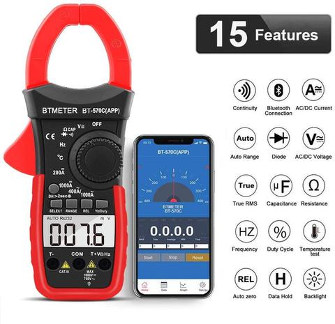 BTMETER BT-570C-APP цифровой клещи 1000A AC/DC Ток Напряжение емкость температура мультиметр подключение к телефону тестер ► Фото 1/6