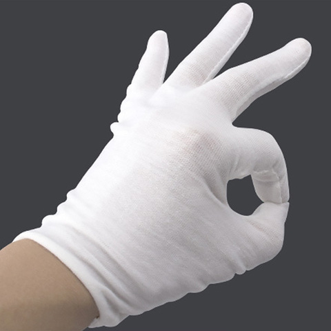 Белые хлопковые перчатки 1 пара, мягкие тонкие Серебристые инспекционные перчатки для монет, ювелирных изделий, рабочие защитные перчатки для обработки, S, M, L ► Фото 1/6