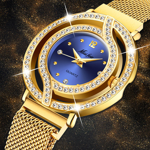 MISSFOX магнитные часы женские роскошные брендовые водонепроницаемые женские часы с бриллиантами полые синие кварцевые элегантные золотые же... ► Фото 1/5