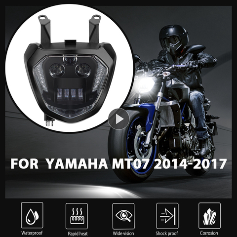 KEMiMOTO для YAMAHA MT07 передняя фара MT 07 Светодиодная лампа DRL FZ07 2014 2015 2016 2017 мотоциклетная фара MT07 110 Вт 12 В ► Фото 1/6