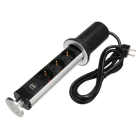 Электрическая розетка 3 EU Plug, скрытая, кухонная, всплывающая, электрическая, 2 зарядки, USB, алюминиевая полка, серебристый/черный ► Фото 1/6