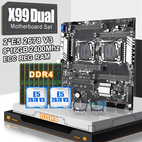 Комплект материнской платы X99 с двумя процессорами, 2 шт., процессор XEON E5 2678V3 и 8*16 Гб ddr4 ecc reg, ОЗУ 2400 МГц, PCI-E 16X, SATA3.0 EATX ► Фото 1/6
