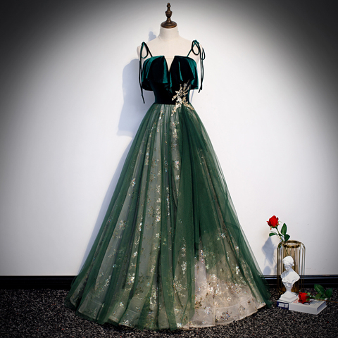 Женское вечернее платье в пол, зеленое платье-трапеция из бархата и тюля с золотым напылением, модель R1261 ► Фото 1/6