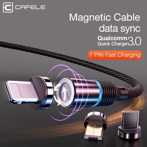 Магнитный зарядный кабель Cafele, светодиодный плетеный кабель QC3.0 Micro USB Type C для iPhone 12, Samsung, Xiaomi, Huawei ► Фото 1/6