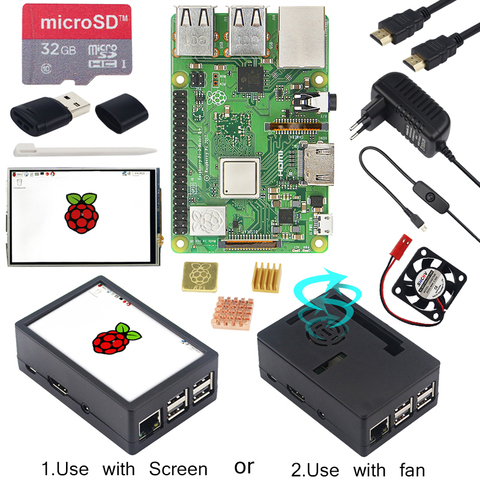 Raspberry Pi 3 Model B + чехол из АБС-пластика + SD-карта 32 ГБ + адаптер питания + радиаторы + опциональный сенсорный экран 3,5 дюйма или HDMI для RPI 3B + ► Фото 1/6