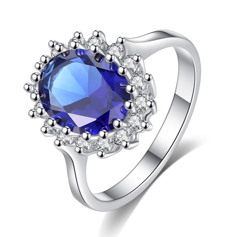 Женское Обручальное Кольцо принцессы Дианы, сапфировое синее кольцо с кристаллом из серебра 925 пробы, с драгоценными камнями ► Фото 1/5