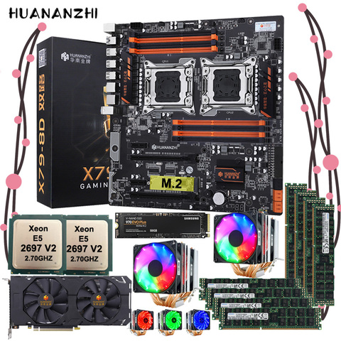 Материнская плата HUANANZHI X79-8D с M.2 500G NVMe SSD dual CPU Xeon E5 2697 V2, кулеры для процессора, ОЗУ 256 ГБ (8*32 ГБ), видеокарта GTX1660 6G ► Фото 1/6