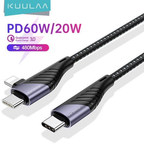 KUULAA кабель-Переходник USB C разъемом USB Type-C-Lightning Кабель PD 60 Вт, 20 Вт, хит продаж Быстрая зарядка проводное зарядное устройство для iPhone 12 11 Pro Max Huawei Samsung шнур ► Фото 1/6