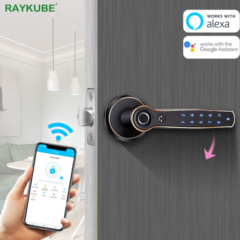 RAYKUBE электронный дверной замок с отпечатком пальца Bluetooth TT Блокировка Wifi шлюз поддержка AI Голосовая команда Alexa Google умный замок ► Фото 1/6