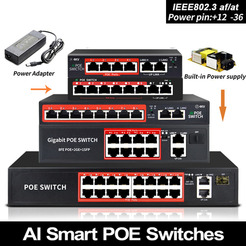 Коммутатор POE 48 В со стандартным портом RJ45 IEEE 802,3 af/at, 4 порта/8 портов, сетевой коммутатор Ethernet с 10/100 Мбит/с для камер POE ► Фото 1/5