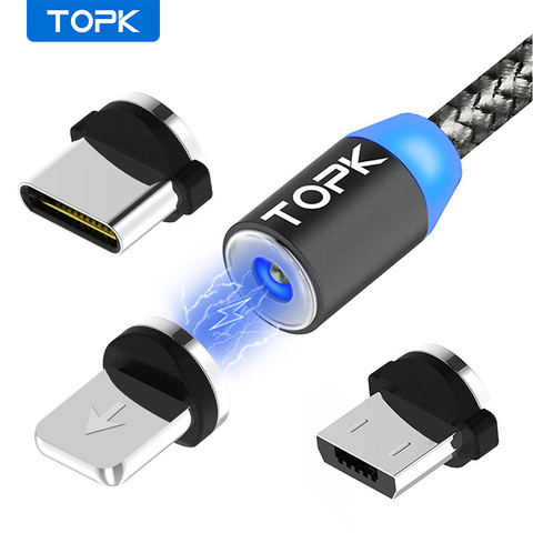 Светодиодный магнитный USB-кабель TOPK, магнитный штекер, USB-кабель типа C, кабель Micro USB и USB-кабель для iPhone X, 8, 7, 6 Plus ► Фото 1/6