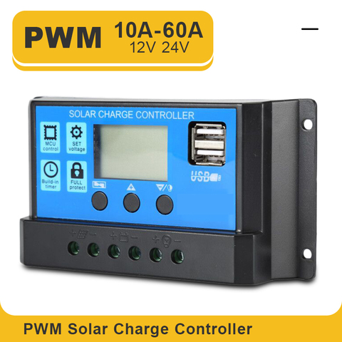 ШИМ-контроллер заряда солнечной батареи, с ЖК-дисплеем, двойным USB-выходом, мощностью 5 В, 60/50/40/30/20/10 А, 12/24 В ► Фото 1/6