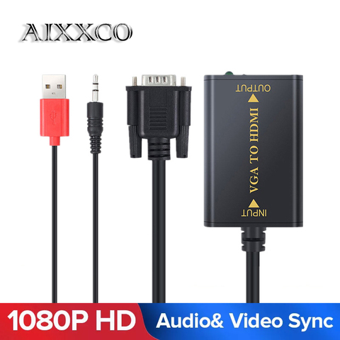 AIXXCO качественный портативный разъем и воспроизведение VGA на HDMI выход 1080P HD аудио ТВ AV HD ТВ ПК видео кабель VGA2HDMI конвертер адаптер ► Фото 1/6