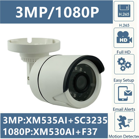 3MP 2MP H.265 IP цилиндрическая камера XM535AI + SC3235 2304*1296 XM530 + F37 1080P 24 leds IRC ночное видение CMS XMEYE движение ► Фото 1/6