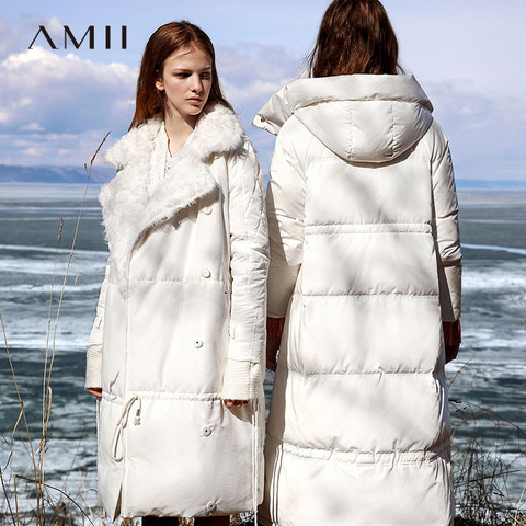 Amii минималистичный белый утиный пуховик зимняя женская однотонная плотная длинная куртка с отворотом 11980077 ► Фото 1/5