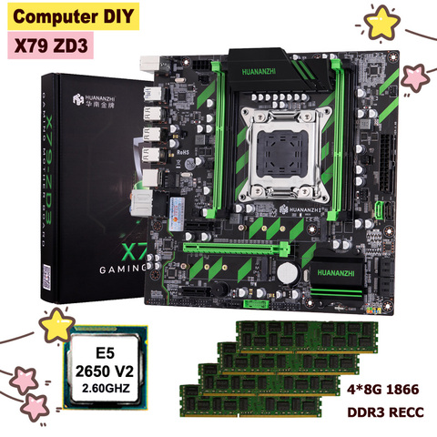 Материнская плата HUANANZHI, материнская плата LGA2011, комплект в продаже, два слота M.2 SSD NVMe/NGFF CPU Xeon E5 2650 V2 RAM 32G(4*8G) 1866 REG ECC ► Фото 1/6
