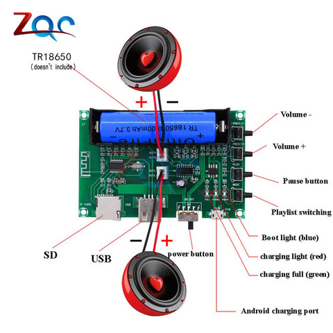 Двухканальный беспроводной Bluetooth-приемник PAM8403 5 Вт + 5 Вт, аудио стерео-усилитель, модуль зарядки 18650, поддержка TF-карты, постоянный ток 5 В ► Фото 1/6