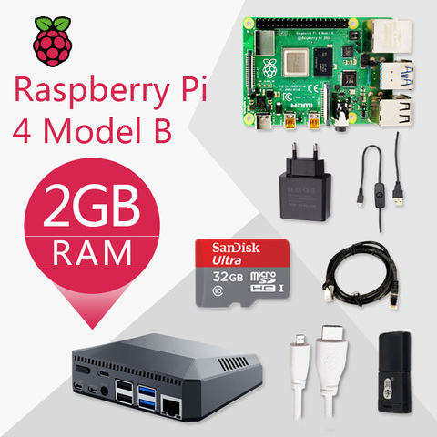 Оригинальный комплект Raspberry Pi 4 Model B 2G, плата Pi 4, Кабель Micro HDMI, источник питания с переключателем, чехол, с вентилятором, радиатором ► Фото 1/6