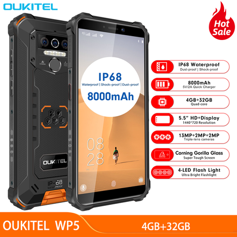 OUKITEL WP5 смартфон с 5,5-дюймовым дисплеем, четырёхъядерным процессором, ОЗУ 4 Гб, ПЗУ 32 ГБ, 8000 мАч, Android 9,0 ► Фото 1/1