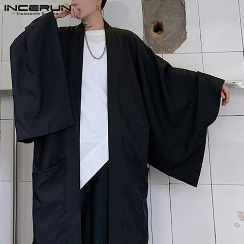 Мужской кардиган с длинными рукавами, повседневный черный кардиган в японском стиле, верхняя одежда с открытым швом, 2022 ► Фото 1/6
