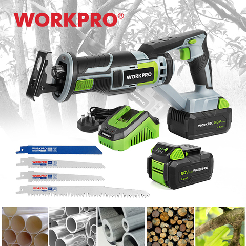 WORKPRO 20V аккумуляторная пила с возвратно-поступательным движением полотна переменной Скорость металлический Режущий инструмент для дерева с 4 пилы Набор инструментов ► Фото 1/6