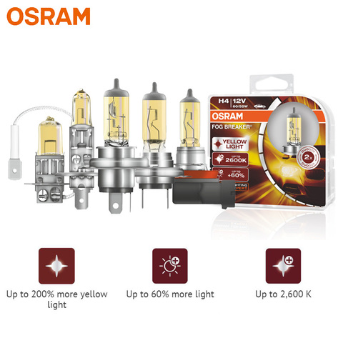 OSRAM H1 H3 H4 H7 H8 H11 H16 9005 9006 HB3 HB4 желтый FBR галогенный противотуманный выключатель 12 В Автомобильные фасветильник 2600K светильник + 60% ярче, пара ► Фото 1/6