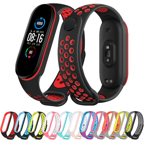 Силиконовый ремешок для Xiaomi Mi Band 3 4 5 два цвета ремешок пористый анти-пот спортивный дышащий ремешок пряжка замена наручных ремней ► Фото 1/6