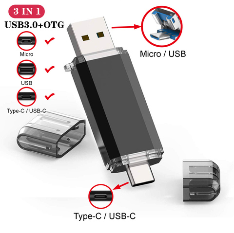 Флеш-накопитель UBS 3,0 OTG USB, 64 ГБ, флешка 3 в 1, Type C и Micro USB, флеш-накопитель 3,0, 16 ГБ, 32 ГБ, 128 ГБ, флеш-накопитель 256 ГБ, 512 ГБ ► Фото 1/6