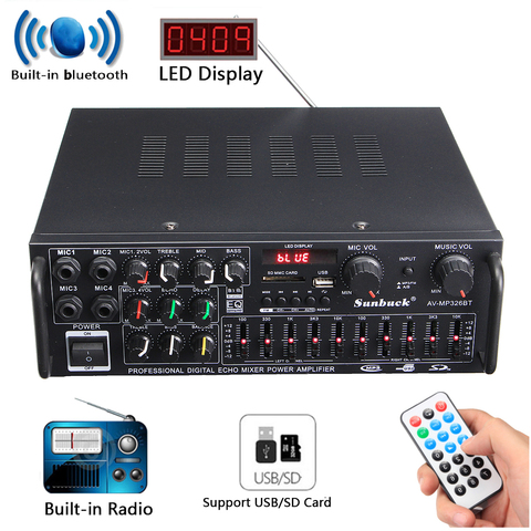 2000 Вт 5,0 bluetooth 2-канальный аудио усилитель мощности, Hi-Fi усилитель 326BT 12 В/220 В AV Amp динамик с пультом дистанционного управления 4 микро для автом... ► Фото 1/6