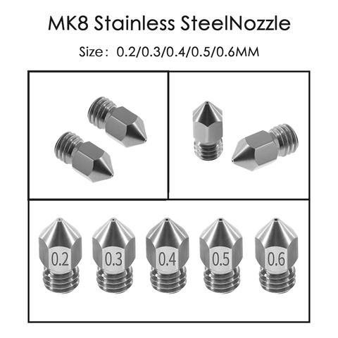 Резьбовая насадка MK8 1 шт., 0,2, 0,3, 0,4, 0,5, 0,6 мм, М6, нержавеющая сталь для нити 1,75 мм, для стандартного принтера ► Фото 1/6