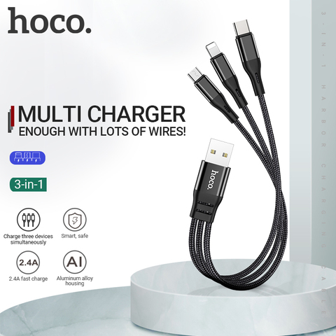 hoco 3 в 1 USB кабель 3в1 для Lightning Micro USB Type C провод зарядник для iPhone Samsung Xiaomi USB C зарядное устройство шнур быстрая зарядка универсальный шнурок зарядка три в одном для айфона юсби юсб тип с ► Фото 1/6