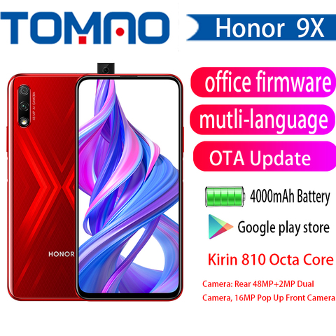 Сотовый телефон Honor 9X, Kirin 810 восемь ядер, Android 9,0, 4 Гб 64 Гб 128 ГБ, выдвижная камера 48 Мп + 2 Мп, полноэкранный мобильный телефон 6,59 дюйма ► Фото 1/6