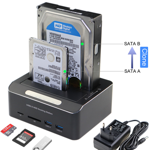 Док-станция для жестких дисков 2 Bay, USB 3,0 к SATA для жестких дисков 2,5 дюйма/3,5 дюйма, SSD с 2 USB-концентраторами 3,0, кардридером TF/SD, автономным клони... ► Фото 1/6