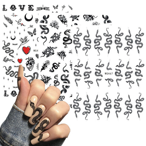 3D-Наклейки для дизайна ногтей в виде змеи, красочные драконы, наклейки-слайдеры, черная змея для маникюра, украшения для ногтей, Новогодняя наклейка ► Фото 1/6