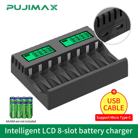 Зарядное устройство PUJIMAX с 8 слотами и ЖК-дисплеем, умное интеллектуальное зарядное устройство для AA/AAA NiCd NiMh аккумуляторных батарей, зарядное устройство aa aaa ► Фото 1/6