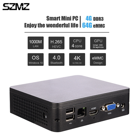 SZMZ ТВ коробка, 4 ГБ, 64 ГБ, Windows 10 ядерным процессором Intel Atom x5-Z8350 4K 3D Мини PC 1000M LAN Bluetooth 4,0 2,4G 5,8G Wi-Fi Miracast Декодер каналов кабельного телевидения ► Фото 1/6