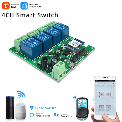 Tuya Smart Life,Wi-Fi, умный светильник переключатель Wi-Fi модуль, 4CH DC 5 В/12/32V автофиксацией/шаговым управлением RF433 получать 10A реле работают с Alexa Google Home ► Фото 1/6