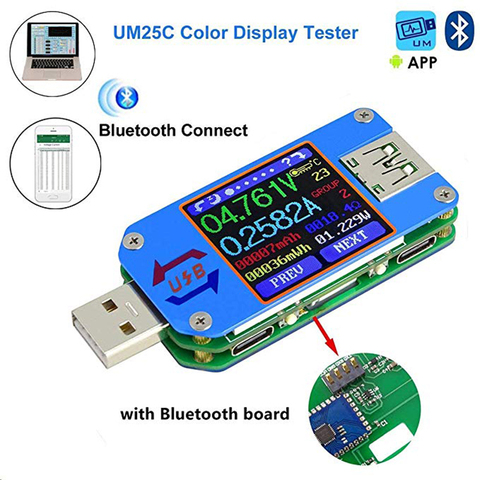 Тестер напряжения RD UM25 UM25C, USB 2,0, Bluetooth-измеритель тока Type-C, USB-измеритель мощности, 1,44 дюйма, мультиметр с цветным ЖК-дисплеем, измеритель напр... ► Фото 1/6