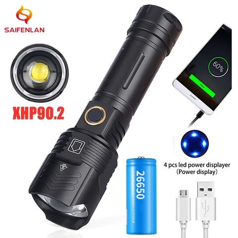 USB XHP фонарик, светодиодный перезаряжаемый фонарик XHP90 XHP90.2, мощный водонепроницаемый масштабируемый фонарик с батареей 18650 26650, фонарик для лагеря ► Фото 1/6