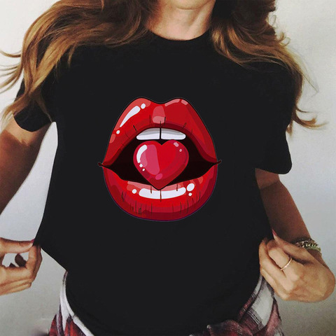 Женская футболка с принтом «Поцелуй губ» и красным ртом, черная футболка, летняя забавная футболка с леопардовым принтом, женская модная фу... ► Фото 1/6