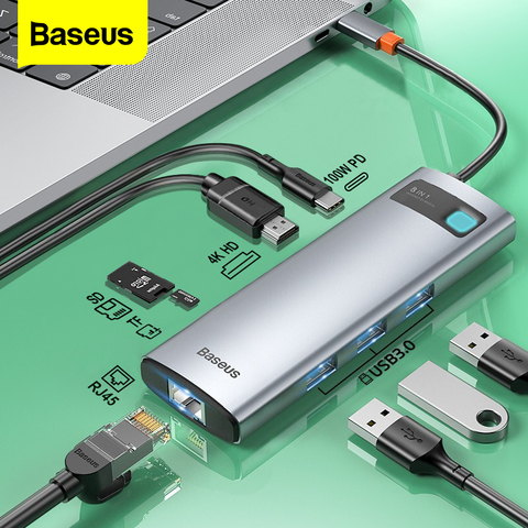 Baseus Тип C док-станция USB C концентратор USB 3,0 к HDMI-Совместимость RJ45 Card Reader PD 100W Зарядное устройство для MacBook Pro/Air док-станция сплиттер жил ► Фото 1/6