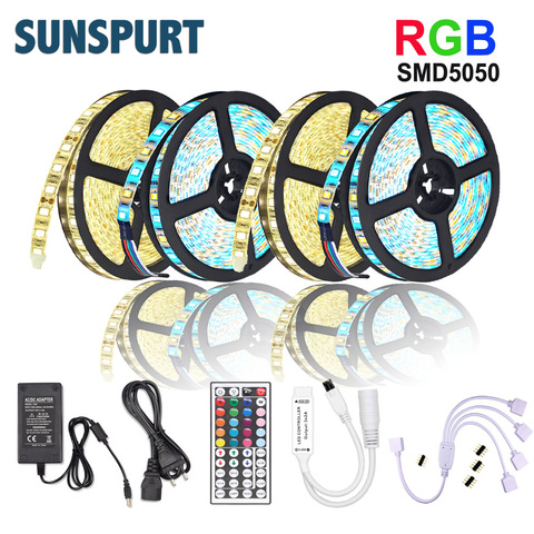 Светодиодная лента RGB 5050 SMD 2835, 5 м, 10 м, 15 м, 20 м, гибкий диод, 12 В + ИК-пульт дистанционного управления + адаптер для домашней кухни, Рождества ► Фото 1/6