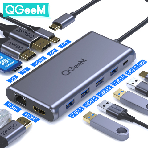 Концентратор QGeeM USB C для Macbook Pro Air Концентратор с тройным дисплеем типа C для двух устройств чтения карт Micro SD 4K HDMI и DP RJ45 Aux PD USB-концентратор ти... ► Фото 1/6
